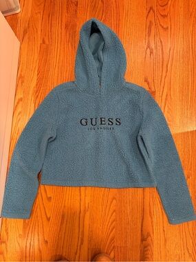 GUESS Light Gray Sherpa Pullover with Red Logo Tag
